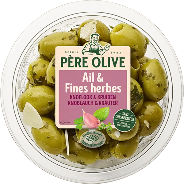 Olives Vertes Dénoyautées à l'Ail et aux Fines Herbes Père Olive