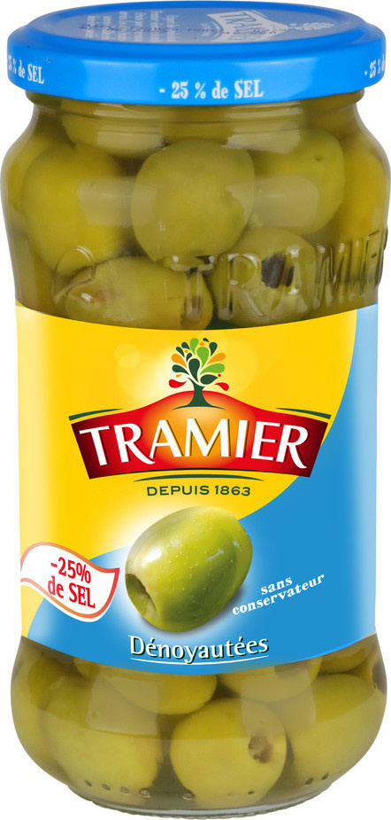 Olives vertes dénoyautées -25% sel Tramier 