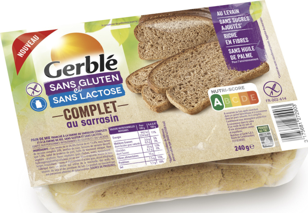 Pain complet au sarrasin sans gluten et sans lactose Gerblé 